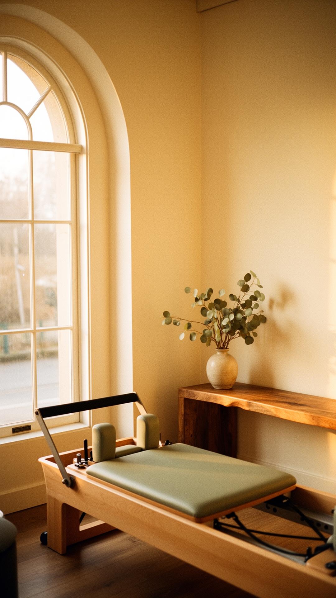 Single reformer in the Lumen Pilates studio with arched window and eucalyptus